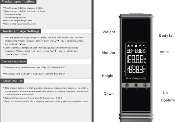 Ultrasonic Hospital Home School Use Weight Height Scale Ultrasonic height and body fat analyzer